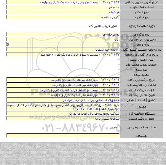 خرید هادی روکشدار CC آلومینیوم فشار متوسط و کابل خودنگهدار فشار ضعیف آلومینیوم مقطع ۲۵+۲۵+۷۰+۷۰*۳