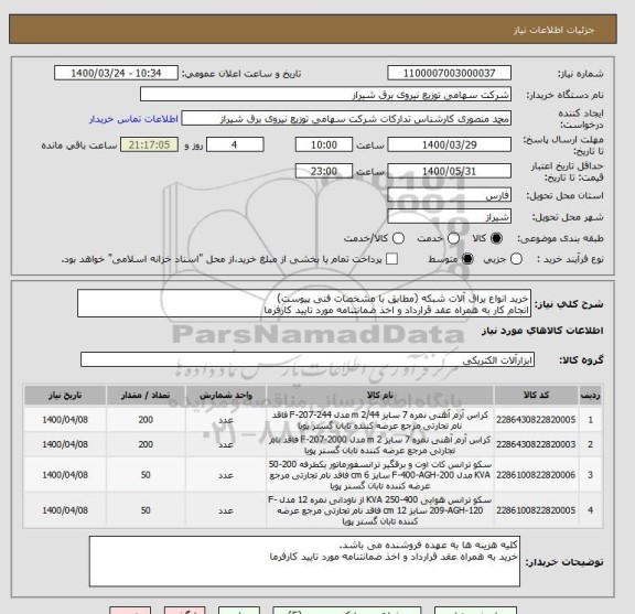 استعلام خرید انواع یراق آلات شبکه (مطابق با مشخصات فنی پیوست)
انجام کار به همراه عقد قرارداد و اخذ ضمانتنامه مورد تایید کارفرما