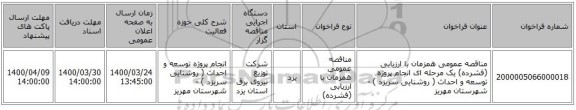 مناقصه عمومی همزمان با ارزیابی (فشرده) یک مرحله ای انجام پروژه توسعه و احداث ( روشنایی سریزد ) - شهرستان مهریز