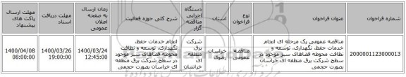 مناقصه عمومی یک مرحله ای انجام خدمات حفظ، نگهداری، توسعه و نظافت محوطه فضاهای سبز موجود در سطح شرکت برق منطقه ای خراسان بصورت حجمی