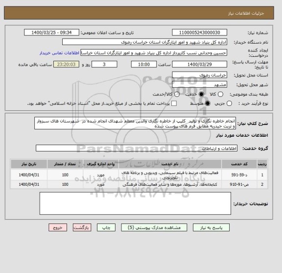 استعلام انجام خاطره نگاری و تولید  کلیپ از خاطره نگاری والدین معظم شهدای انجام شده در  شهرستان های سبزوار و تربت حیدریه مطابق فرم های پیوست شده