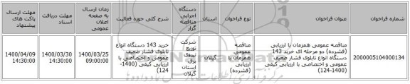 مناقصه عمومی همزمان با ارزیابی (فشرده) دو مرحله ای خرید 143 دستگاه انواع تابلوی فشار ضعیف عمومی و اختصاصی با ارزیابی کیفی (1400-124)