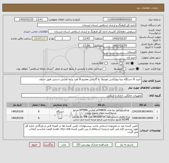 استعلام خرید 8 دستگاه دیتا پروژکشن اوپتیما  با گارانتی معتبرو 8 عدد پرده نمایش دستی طبق جدول 