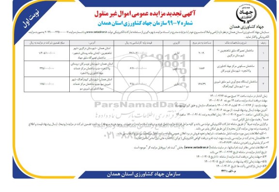 تجدید مزایده، تجدید مزایده واگذاری اراضی و املاک 