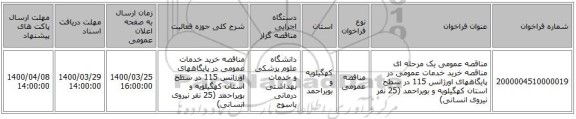 مناقصه عمومی یک مرحله ای مناقصه خرید  خدمات عمومی در پایگاههای اورژانس 115 در سطح استان کهگیلویه و بویراحمد (25 نفر نیروی انسانی)