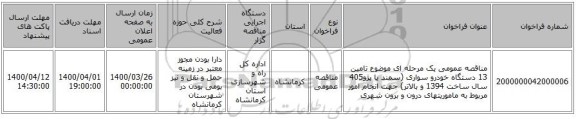 مناقصه عمومی یک مرحله ای موضوع تامین 13 دستگاه خودرو سواری (سمند یا پژو405 سال ساخت 1394 و بالاتر) جهت انجام امور مربوط به ماموریتهای درون و برون شهری