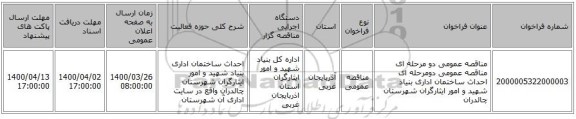 مناقصه عمومی دو مرحله ای مناقصه عمومی دومرحله ای احداث ساختمان اداری بنیاد شهید و امور ایثارگران شهرستان چالدران