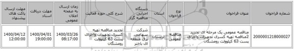 مناقصه عمومی یک مرحله ای تجدید 2مناقصه تهیه کسری تجهیزات واجرای پست 63 کیلوولت رومشگان 