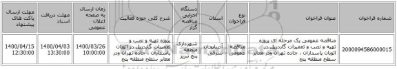 مناقصه عمومی یک مرحله ای  پروژه تهیه و نصب و تعمیرات گاردریل در اتوبان پاسداران ، جاده تهران ودر معابر سطح منطقه پنج