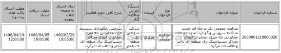 مناقصه عمومی یک مرحله ای تجدید مناقصه سرویس ونگهداری سیستم های مخابراتی تله متری ،مخابرات انتقال ومراکز دیسپاچینگ برق منطقه ای باختر وrdcاستان مرکزی 