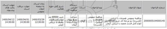 مناقصه عمومی همزمان با ارزیابی (فشرده) دو مرحله ای خرید 69500 متر انواع کابل فشار ضعیف با ارزیابی کیفی