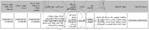 مناقصه عمومی یک مرحله ای اجرای پروژه عملیات وجین،سله شکنی و آبیاری منطقه کریم ایشان -یکه چنار حوزه اداره منابع طبیعی و آبخیزداری 