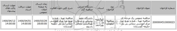 مناقصه عمومی یک مرحله ای مناقصه    تهیه ، طبخ و توزیع غذا   مرکز آموزشی درمانی بی بی حکیمه گچساران 