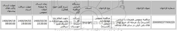 مناقصه عمومی همزمان با ارزیابی (فشرده) یک مرحله ای خرید لوله های پلی اتیلن در سایز های مختلف