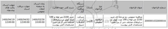 مناقصه عمومی دو مرحله ای خرید 2100 متر لوله و 190 عدد کوپلر در سایزهای مختلف جی آر پی طبق مشخصات فنی پیوست