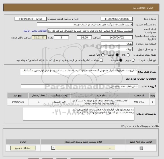 استعلام شارژوتست هیدرواستاتیک خاموش کننده های موجود در ساختمان ستاد،انبار ری و انبار کوار مدیریت اکتشاف