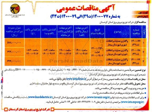 مناقصه واگذاری عملیات و اتفاقات شهری شهرستان 