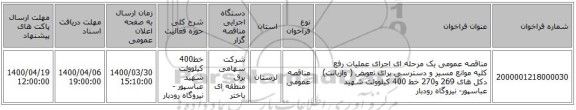 مناقصه عمومی یک مرحله ای اجرای عملیات  رفع کلیه موانع مسیر و دسترسی برای تعویض ( واریانت) دکل های 269 و270 خط 400 کیلوولت شهید عباسپور- نیروگاه رودبار