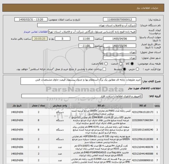 استعلام خرید ملزومات رایانه ای مطابق یک برگ استعلام بها و جدول پیشنهاد قیمت حاوی مشخصات فنی