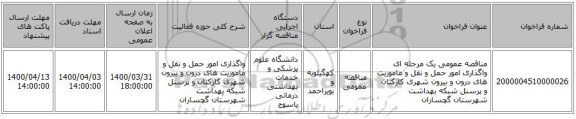 مناقصه عمومی یک مرحله ای واگذاری امور حمل و نقل و ماموریت های درون و بیرون شهری کارکنان و پرسنل شبکه بهداشت شهرستان گچساران