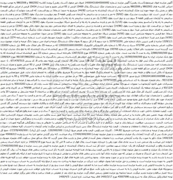 آگهی مزایده ششدانگ پلاک 15469 فرعی از 93 اصلی مفروز