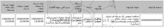 مناقصه عمومی یک مرحله ای اجرای عملیات ایمن سازی جایگاه CNGپیشقدم بلوارملاصدرا(دیوار ضدآتش)