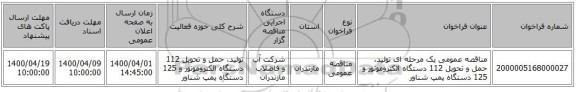 مناقصه عمومی یک مرحله ای تولید، حمل و تحویل 112 دستگاه  الکتروموتور و 125 دستگاه پمپ شناور