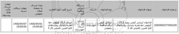 فراخوان ارزیابی کیفی پروژه 25.5 کیلومتر خط تغذیه پایداری روستاهای فتح المبین تکمیلی فاز 2