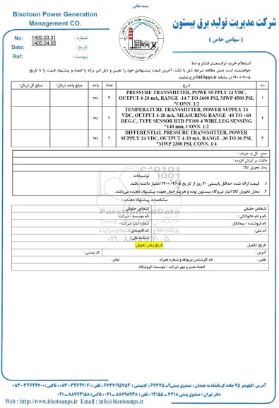 استعلام خرید ترانسمیتر فشار دما