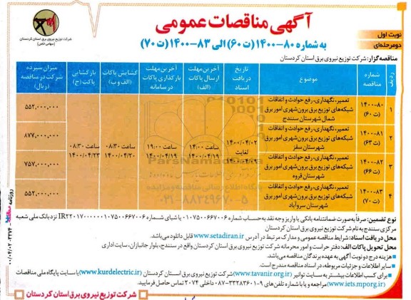 مناقصه تعمیر نگهداری رفع حوادث و اتقافات شبکه های توزیع برق برون شهری 