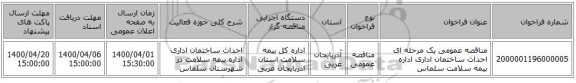 مناقصه عمومی یک مرحله ای احداث ساختمان اداری اداره بیمه سلامت سلماس