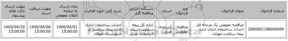 مناقصه عمومی یک مرحله ای احداث ساختمان اداری اداره بیمه سلامت مهاباد