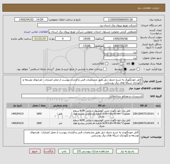 استعلام کابل خودنگهدار به شرح جدول ذیل طبق مشخصات فنی و قرارداد پیوست از محل اعتبارات  طرحهای توسعه و نگهداری شبکه های برق روستایی 