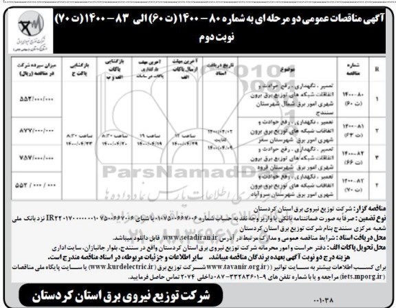 مناقصه، مناقصه تعمیر نگهداری رفع حوادث و اتقافات شبکه های توزیع برق برون شهری - نوبت دوم 