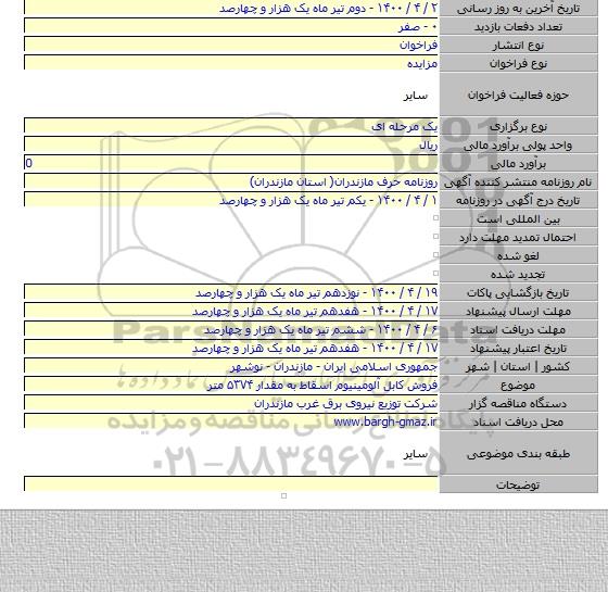 فروش کابل آلومینیوم  اسقاط به مقدار ۵۳۷۴ متر