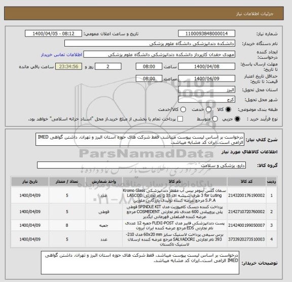 استعلام درخواست بر اساس لیست پیوست میباشد. فقط شرکت های حوزه استان البرز و تهران. داشتن گواهی IMED الزامی است..ایران کد مشابه میباشد.