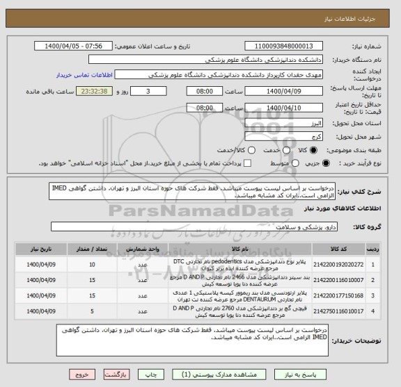 استعلام درخواست بر اساس لیست پیوست میباشد. فقط شرکت های حوزه استان البرز و تهران. داشتن گواهی IMED الزامی است..ایران کد مشابه میباشد.