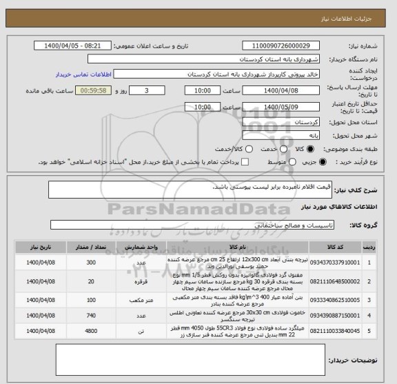 استعلام قیمت اقلام نامبرده برابر لیست پیوستی باشد.