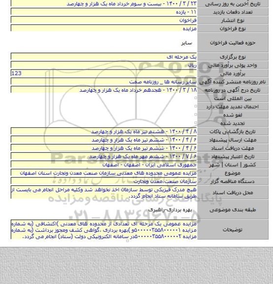 مزایده عمومی محدوده های معدنی سازمان صنعت معدن وتجارت استان اصفهان