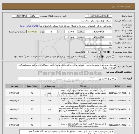 استعلام تجهیزات بیسیم با مشخصات فنی  پیوست مطابق با استاندارد و مورد تایید دستگاه نظارت( امور دیسپاچینگ  و فوریتهای  برق)