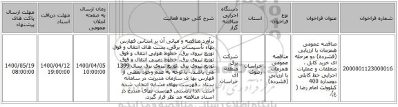 مناقصه عمومی همزمان با ارزیابی (فشرده) دو مرحله ای خرید کابل ، متعلقات و عملیات اجرایی خط کابلی دومداره 400 کیلوولت امام رضا ( ع).