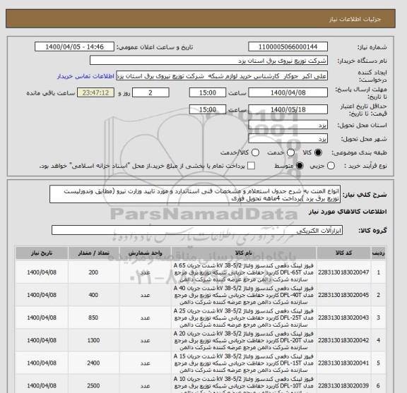 استعلام انواع المنت به شرح جدول استعلام و مشخصات فنی استاندارد و مورد تایید وزارت نیرو (مطابق وندورلیست توزیع برق یزد )پرداخت 4ماهه تحویل فوری 