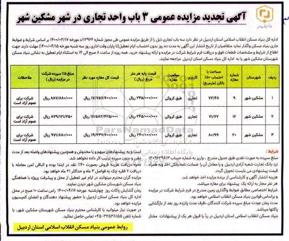 تجدید مزایده سه باب تجاری