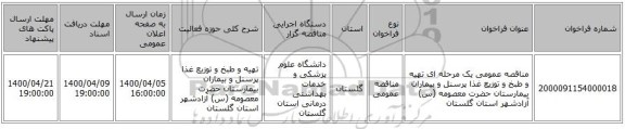 مناقصه عمومی یک مرحله ای تهیه و طبخ و توزیع غذا پرسنل و بیماران بیمارستان حضرت معصومه (س) آزادشهر استان گلستان