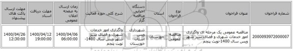 مناقصه عمومی یک مرحله ای واگذاری امور خدمات شهری و فضای سبز شهر ویس سال 1400-نوبت پنجم