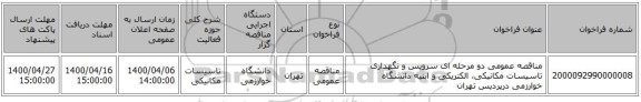 مناقصه عمومی دو مرحله ای سرویس و نگهداری تاسیسات مکانیکی، الکتریکی و ابنیه دانشگاه خوارزمی درپردیس تهران