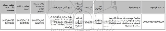 مناقصه عمومی یک مرحله ای بهره برداری ونگهداری از تاسیسات آب شرب شهرها و روستاهای شهرستانهای ساری و میاندرود                        