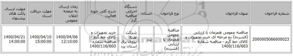 مناقصه عمومی همزمان با ارزیابی (فشرده) دو مرحله ای خرید تجهیزات و کالای خط گرم - مناقصه شماره 1400/116/603