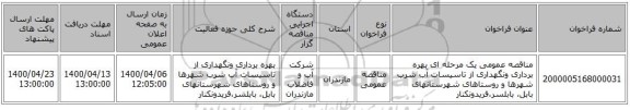 مناقصه عمومی یک مرحله ای بهره برداری ونگهداری از تاسیسات آب شرب  شهرها و روستاهای شهرستانهای بابل، بابلسر،فریدونکنار  