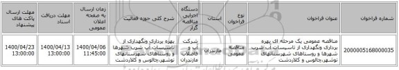 مناقصه عمومی یک مرحله ای بهره برداری ونگهداری از تاسیسات آب شرب شهرها و روستاهای شهرستانهای نوشهر،چالوس و کلاردشت         